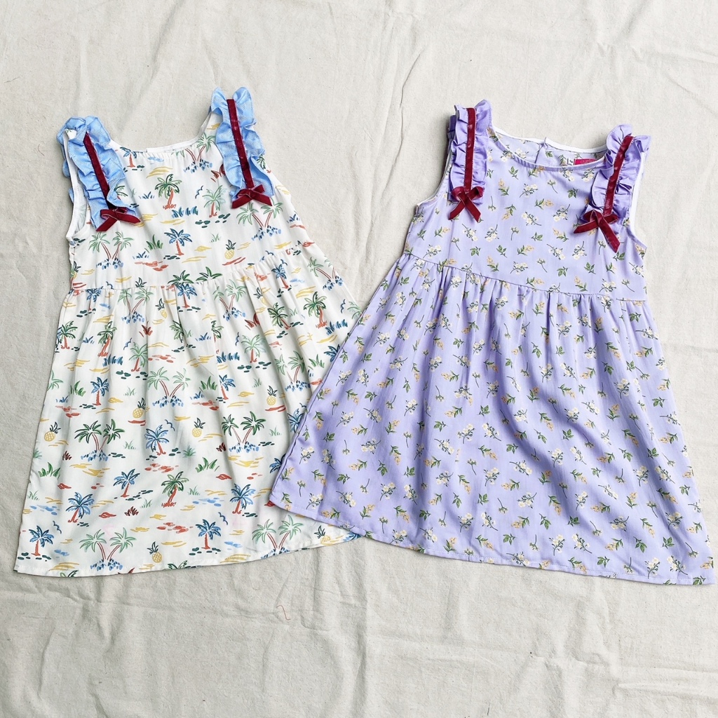 Đầm bé gái bèo vai hoa nhí tím và cây dừa HC027 HC029