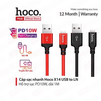 Cáp sạc nhanh USB to IP dùng cho ip 14 trở xuống Hoco X14/X89 dây dù chống gãy gập dài 1m/2m