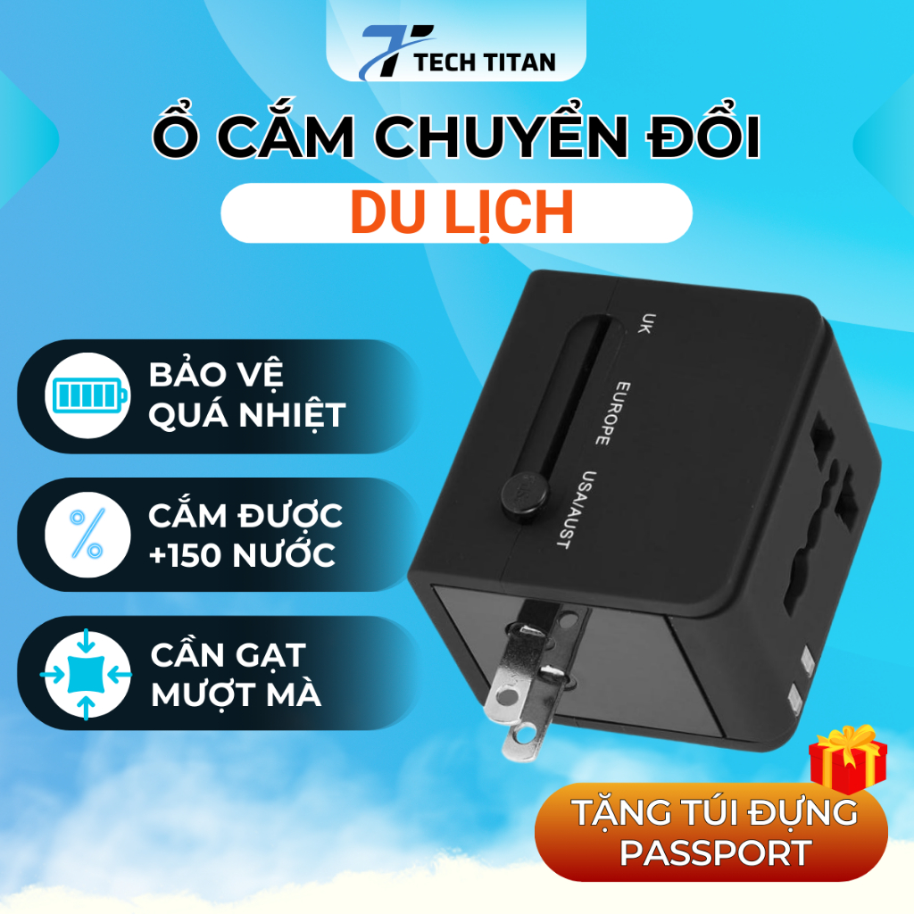 Bộ chuyển đổi ổ cắm đa năng thông minh 1500W, đủ loại chân cắm dành cho du lịch, ổ điện EU/Anh/Mỹ/Úc