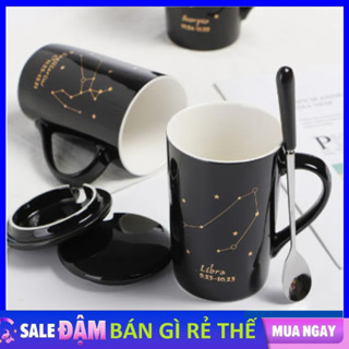 Ly Cốc Sứ Có Nắp In Họa Tiết 12 Cung Hoàng Đạo Cực Đẹp Với Màu Đen Huyền Bí, Dung Tích 420ml