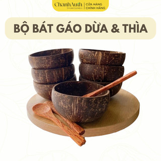 Bộ chén, bát gáo dừa và muỗng dừa trộn bột, mỹ phẩm