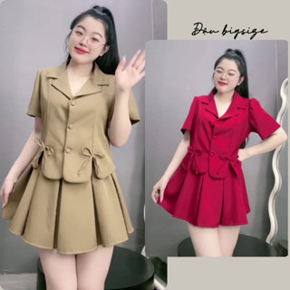 Set đồ thiết kế bigsize nữ áo vest tay ngắn phồng nhẹ dáng croptop kèm váy xếp ly lưng thun chất cotton lạnh - SET72