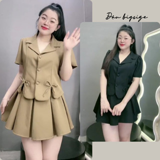 Set áo vest chân váy xếp li bigsize nữ áo tay dài form croptop nút bọc nơ túi thật tà chất cotton lạnh  - SET72