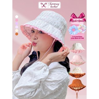 Mũ chống nắng vành rộng đi biển mũ vành tròn lolita hoa tiểu thư buộc nơ hồng nón tai bèo nữ xinh