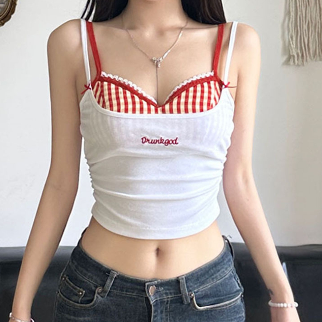 Set áo gồm bra hai dây sọc caro phối áo hai dây cổ vuông nhún eo siêu hack dáng, áo có ngắn tay hoặc