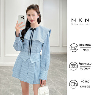 Áo sơ mi, áo kiểu NKN Lalisa màu xanh kẻ sọc đen, thiết kế bèo ngực, cổ đính nơ, chất liệu cao cấp