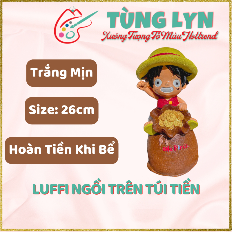 Tượng Thạch Cao Luffy Ngồi Trên Túi Tiền, Size 26cm, Tượng Tô Luffy Không Kèm Màu, Xưởng Tượng Tô