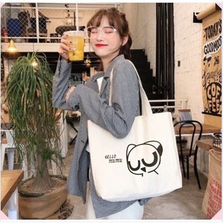Túi tote vải canvas Hellomumu mềm họa tiết chữ có khóa kéo dành cho nữ túi đeo vai đi học đi chơi hạo tiết dễ thương