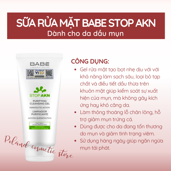 Sữa rửa mặt BABE Stop Akn Purifying Cleansing gel SRM làm sạch dịu nhẹ cho da dầu mụn 200ml