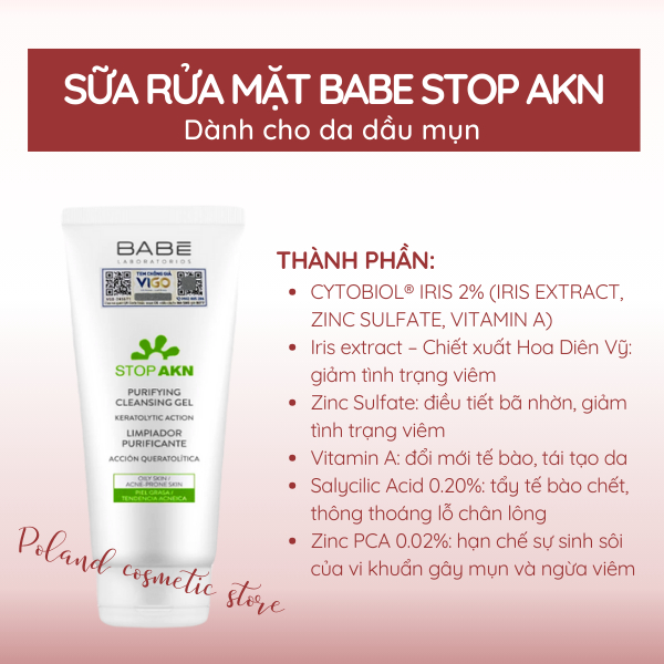 Sữa rửa mặt BABE Stop Akn Purifying Cleansing gel SRM làm sạch dịu nhẹ cho da dầu mụn 200ml