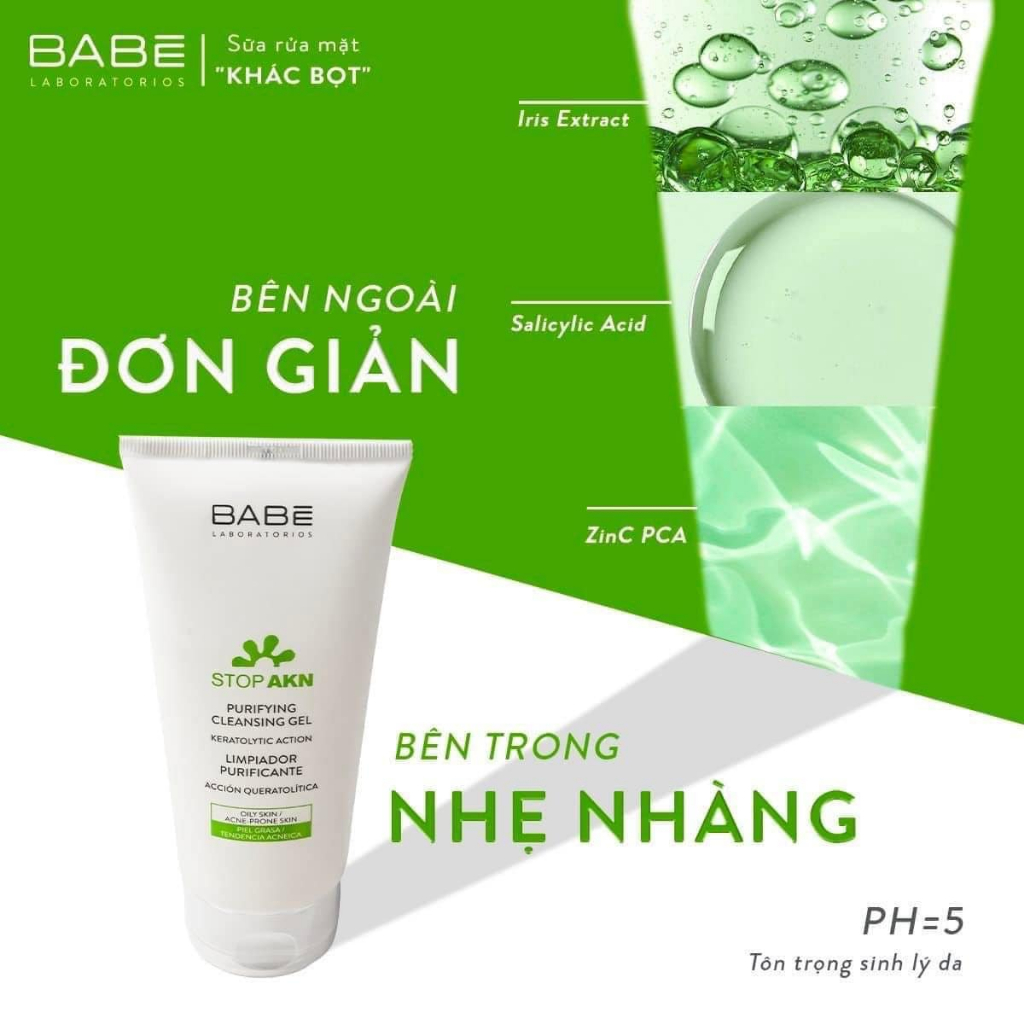 Sữa rửa mặt BABE Stop Akn Purifying Cleansing gel SRM làm sạch dịu nhẹ cho da dầu mụn 200ml