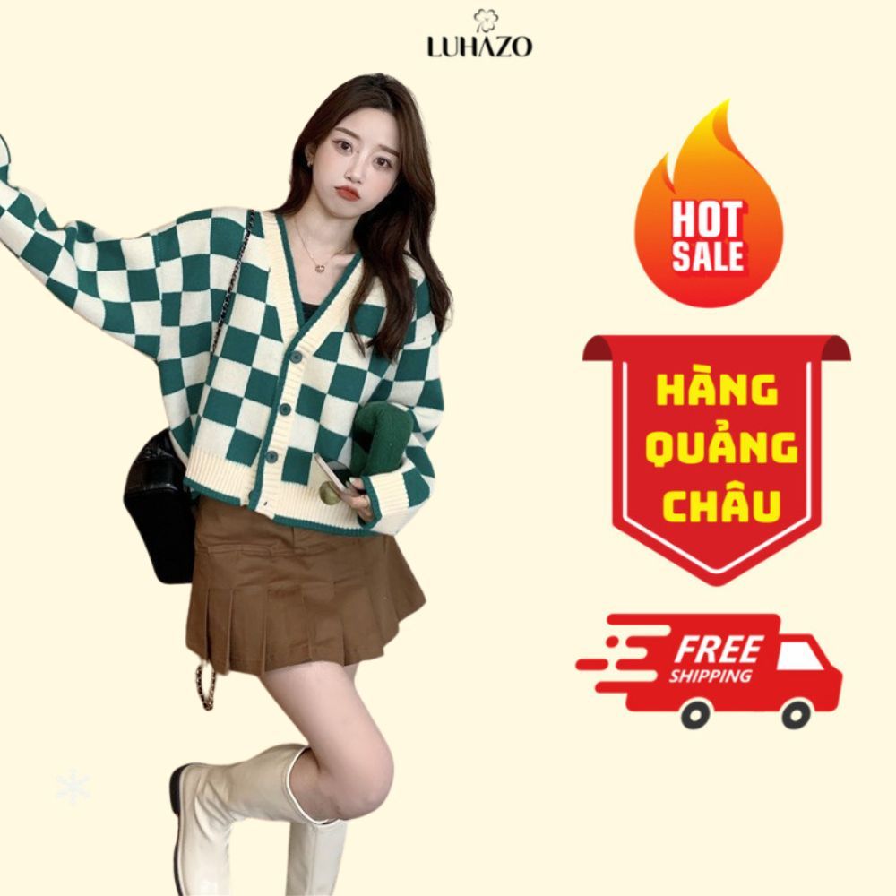 Áo khoác len cardigan LUHAZO sọc caro xanh dáng croptop phong cách trẻ trung cá tính H-16 H-17