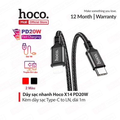 Cáp sạc nhanh TypeC to IP PD20W 3.0A Hoco X14/X89 dùng cho ip14 trở xuống, dây bọc dù chống đứt, dài 1m/2m