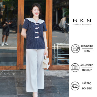 Áo sơ mi nữ, áo kiểu nữ NKN Nolan màu xanh tím than kẻ, thiết kế cúc đính nơ, chất liệu cao cấp