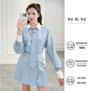 Chân váy nữ NKN Doris màu xanh kẻ đen, thiết kế xếp ly, dáng chữ A basic, chất liệu cao cấp.