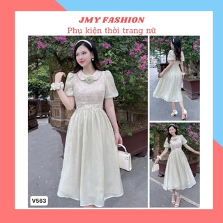 V563 Váy tơ xòe phối ren hoa thêu nữ tính [TH Hà Thanh] đầm xòe xanh pastel phối be hoa nhí