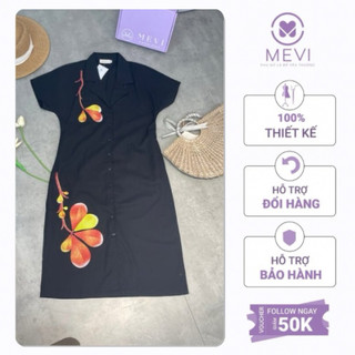 Váy suông màu đen cổ sơ mi tay ngắn thời trang MEVI Mái Em _V6129