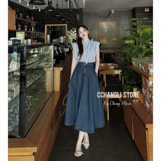 Set đồ nữ áo sơ mi sọc cột nơ cổ kèm chân váy jeans qc xinh đẹp nữ tính phù hợp đi làm đi chơi HD257