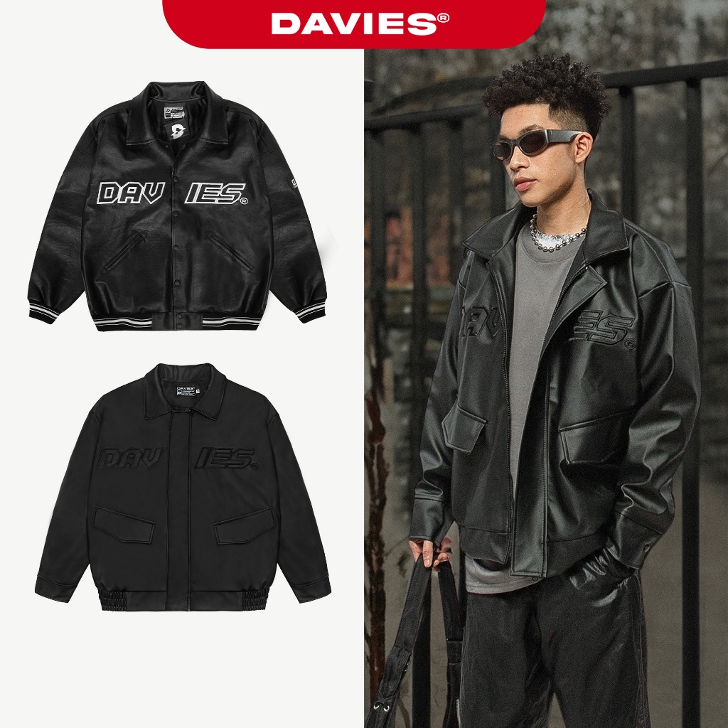 Áo varsity jacket nam nữ vải da DAVIES local brand chống nước màu đen form rộng thêu chữ