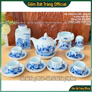 Bộ ấm trà viền vàng 24k bát tràng, bộ ấm trà trúc lâm thất hiền men lam viền vàng cao cấp