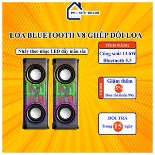  Loa bluetooth mini V8 cầm tay công suất lớn 13.6 w âm trầm led nháy theo nhạc kết nối TWS 2 loa 
