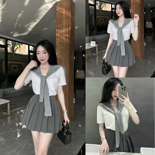 Set váy áo thun nữ thủy thủ áo thun kèm khăn choàng phối chân váy xếp ly trẻ trung Natide.store_A1K08