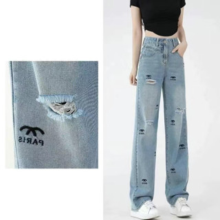   Có Sẵn  Quần jeans nữ ống suông lưng cao thêu chữ PARIS quần jeans lưng cao ống suông thêu chữ hàng QC 