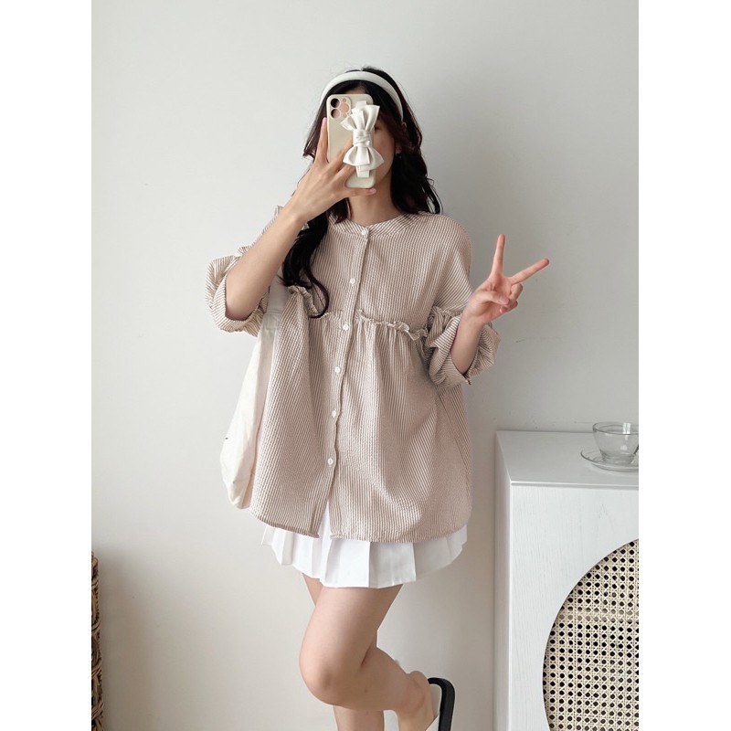 BARE_Áo kiểu babydoll tay ngắn phối bèo thiết kế tay phồng cổ trụ thời trang hàn quốc sang trọng- A199 | BigBuy360 - bigbuy360.vn