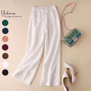  Quần ống suông lưng thun Yolinen cạp cao cột dây vải linen mộc dày dặn mềm mát QD04 