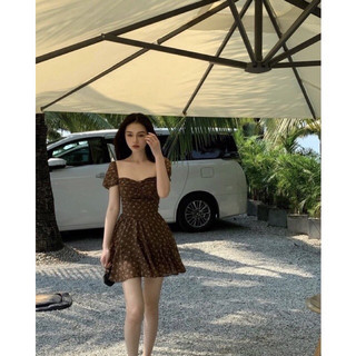 Váy nâu chấm bi có mút ngực
