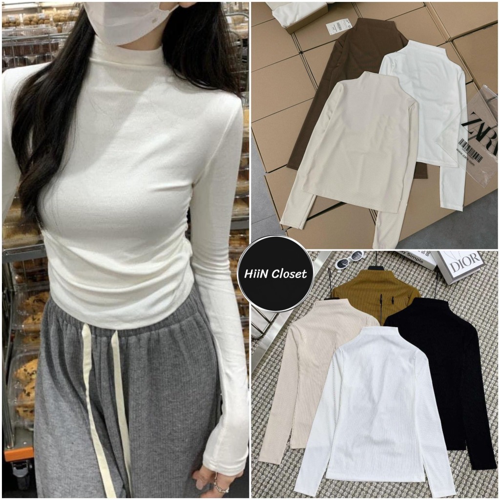 (070) Áo thun cổ Leo 3p dài tay ôm body - Áo thun tăm chà.neo HiiNCloset | BigBuy360 - bigbuy360.vn