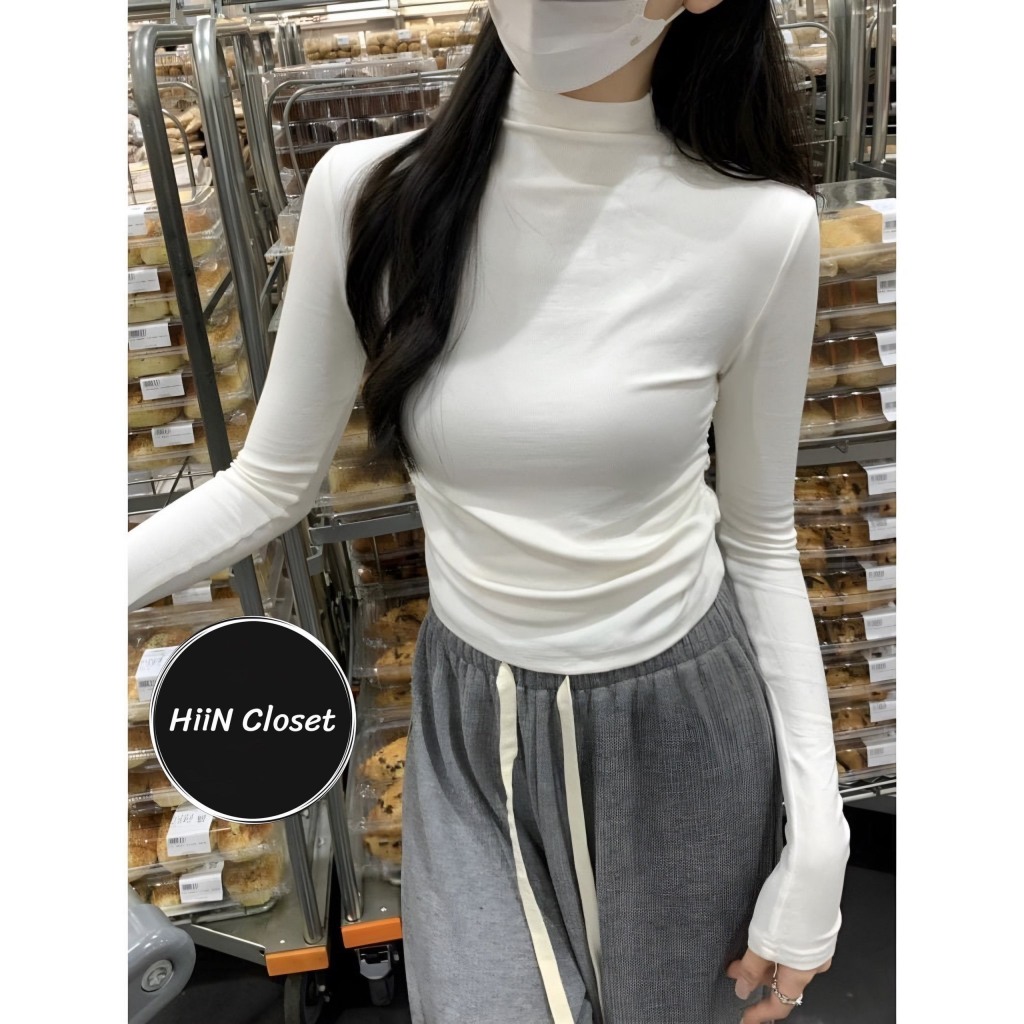 (070) Áo thun cổ Leo 3p dài tay ôm body - Áo thun tăm chà.neo HiiNCloset | BigBuy360 - bigbuy360.vn