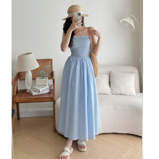 BARE_Đầm Caro Quây Ngực Bo Chun, Đầm Maxi Kẻ Caro Dáng Dài Cúp Ngực Dáng Xoè Đi Chơi Biển-D041