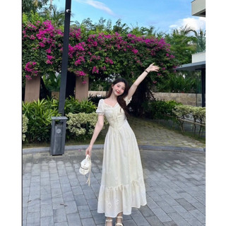 ĐẦM XÔ THÊU MAXI CỔ U VIỀN REN NƠ NGỰC TAY PHỒNG