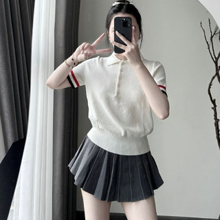 Áo polo len đan tiểu thư phối sọc, áo thun len tăm siêu mịn, áo polo nữ thom browne mix viền xanh đỏ tay áo