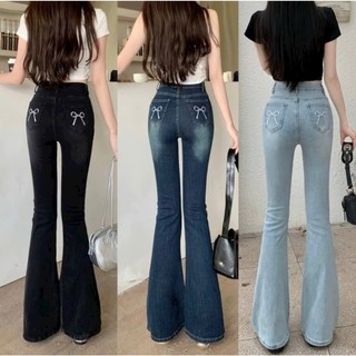 Quần jean ống loe nữ cạp cao thêu nơ túi sau chất mềm co dãn bản màu mới hottrend