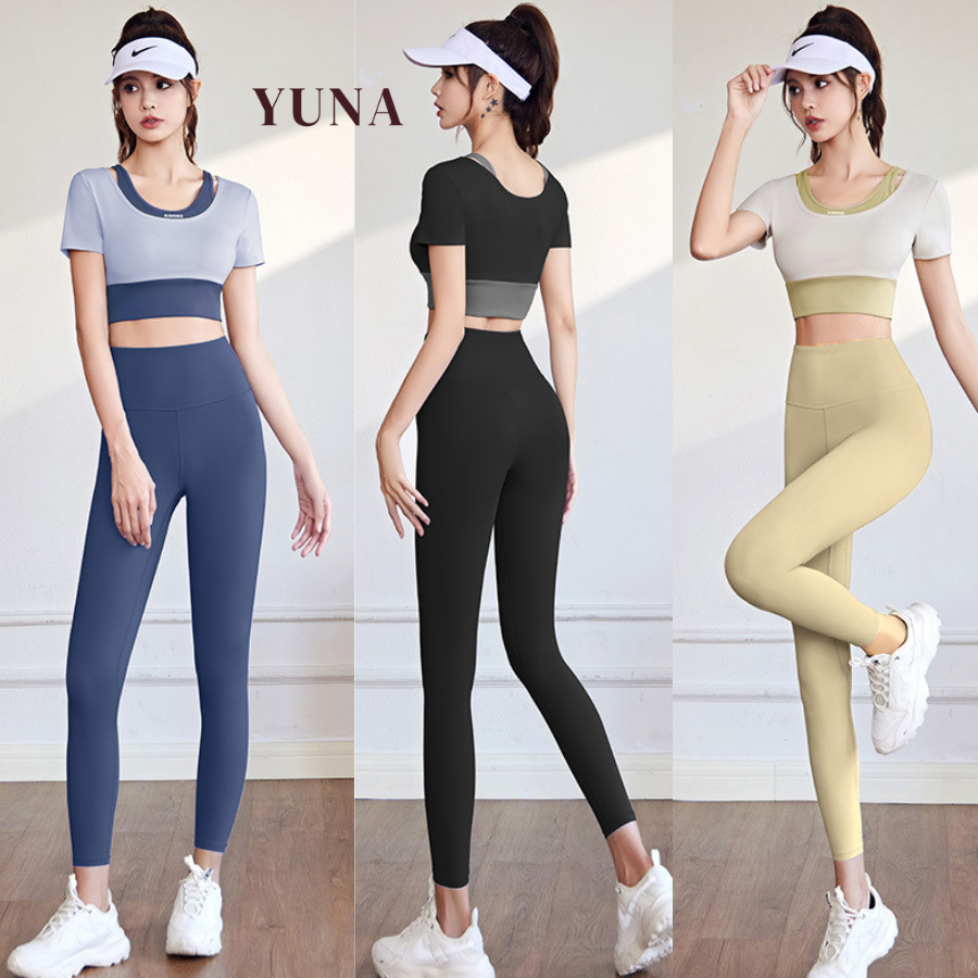 Đồ Tập Gym Nữ - YUNA - Bộ tập Gym Yoga [ May Rời đệm ngực] Áo croptop tay ngắn quần legging thun