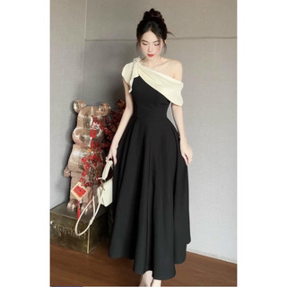 Váy nữ dáng dài váy dự tiệc váy đen lệch vai váy nữ dự tiệc cưới siêu xinh hàng loại 1 chuẩn form mẫu mặc shop HN DESIGN