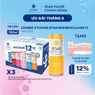 Combo 3 thùng 12 lon trà lên men STAR KOMBUCHA mix vị (250ml/lon)