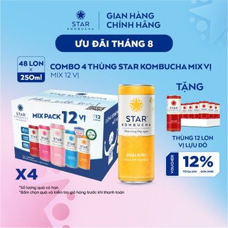 Combo 4 thùng trà hữu cơ STAR KOMBUCHA mix vị - Family Pack (250ml x 48 lon)