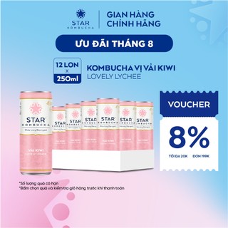 Thùng 12 lon trà STAR KOMBUCHA Vải Kiwi / Lychee (250ml/lon) - Trà lên men vi sinh hỗ trợ tiêu hóa