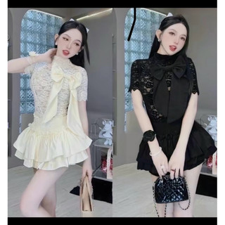 SÉT VÁY THIẾT KẾ Tầng có Quần Áo len Ren Giản đính Nơ thời trang chất liệu .