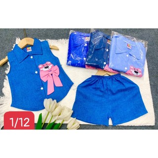 Bộ lụa tầng jean lụa phối nơ bé