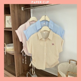 Áo sơ mi Croptop nữ tay hến PAPERCOP họa tiết kẻ Caro thêu nơ phối dây cột rút eo form dáng vừa vặn hàng Quảng Châu .