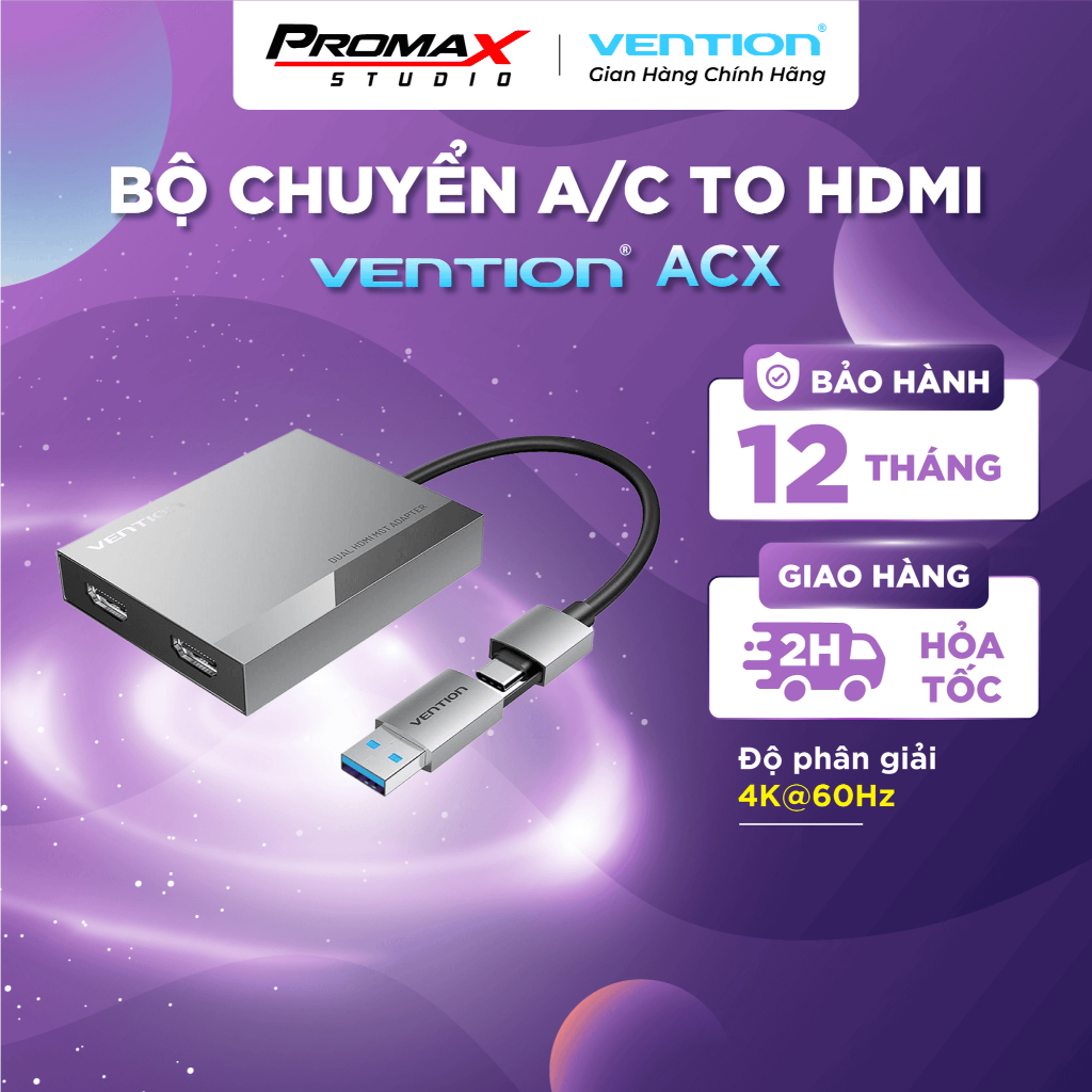 Bộ Chuyển Đổi USB/Type-C to Dual HDMI 4K MST VENTION ACX (Hỗ trợ DisplayLink, 4K@60Hz)