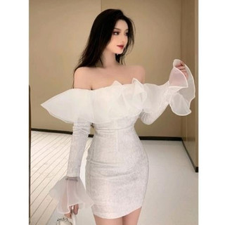 Đầm trễ vai tay bồng, váy ôm body trễ vai nhung trắng phối bèo,Váy trắng dự tiệc LANI