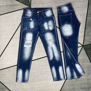 Quần jean nam xanh thêu 4 khóa gối vảy sơn form slimfit ống đứng cao cấp-KING77FASHION MENSWEAR JEAN