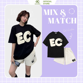 Set Bộ Thể Thao ECOCHIC EC Logo Áo Phông Form Rộng Quần Cạp Cao Nam Nữ Chính Hãng Cao Cấp 100% Cotton B044