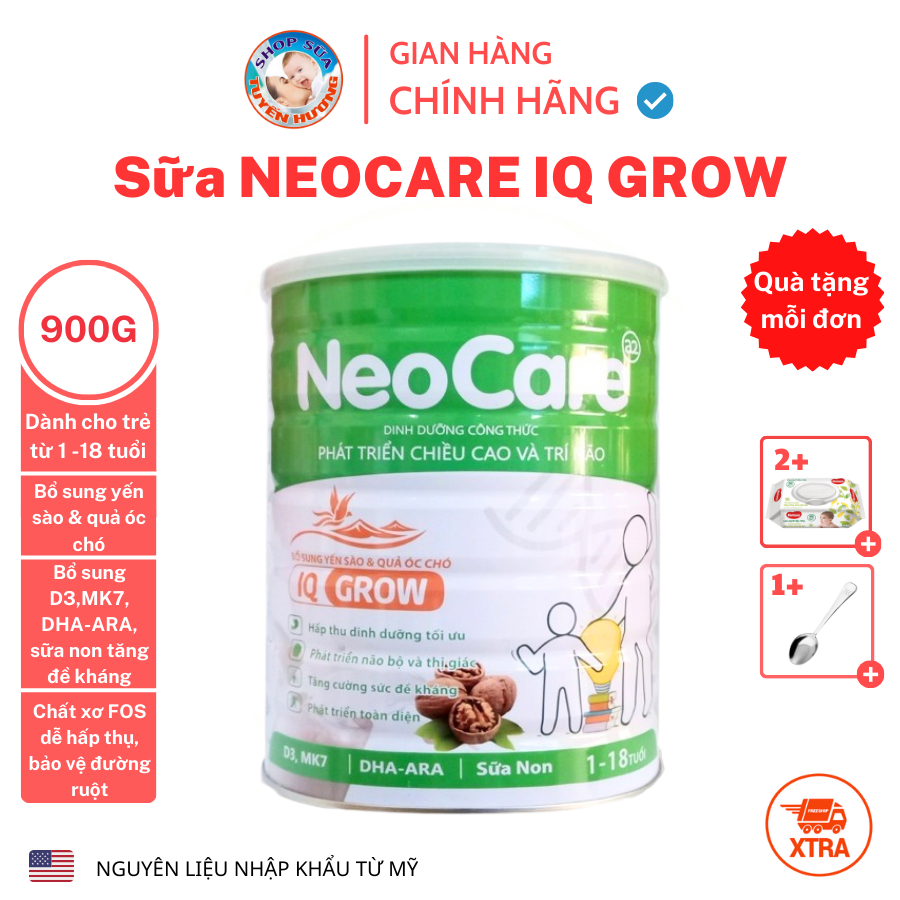 Sữa Neocare GROW IQ hộp 900g phát triển chiều cao trí não, sữa tăng chiều cao cho bé neocare