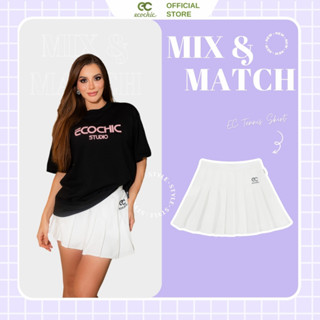 Chân Váy Tennis Xếp Ly Chính Hãng ECOCHIC Logo Thêu Dáng Xoè Ngắn Cạp Cao Có Lót Trong Màu Trắng Đen F204